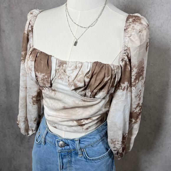 Et Clet Tops - Taupe Western Strapless Cropped Blouse Tie Back Size Medium